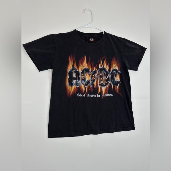 Vintage ACDC Shot Down in Flames T-Shirt Y2K Double Sided Black Band Tee Medium - Picture 3 of 10